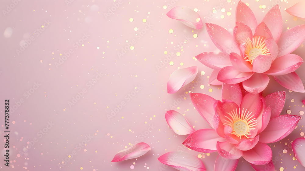 close-up of pink lotus on pink background with glitter and bokeh top view and copy space