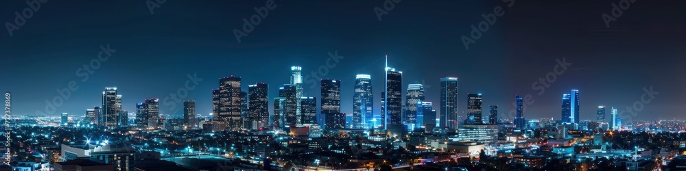 Panoramic view of the Los Angeles skyline at night.