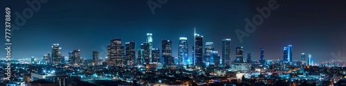 Panoramic view of the Los Angeles skyline at night.
