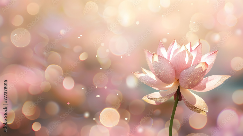 closeup of pink lotus on pink background with glitter and bokeh and copy space