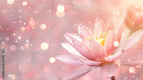 closeup of pink lotus on pink background with glitter and bokeh and copy space