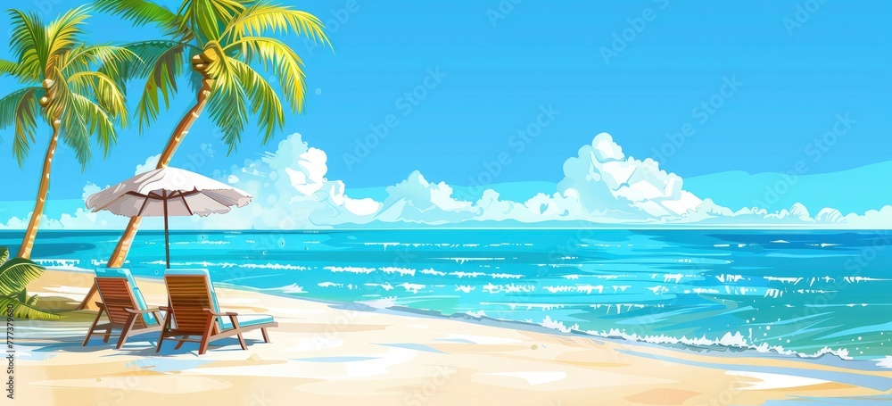 Tropical beach with sun loungers and palm trees on the white sand, blue sea water, bright sunny day. vacation or travel concept