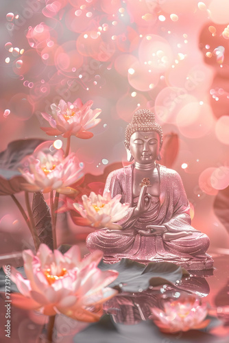 Buddha statue lotus and glitter on pink background with copy space