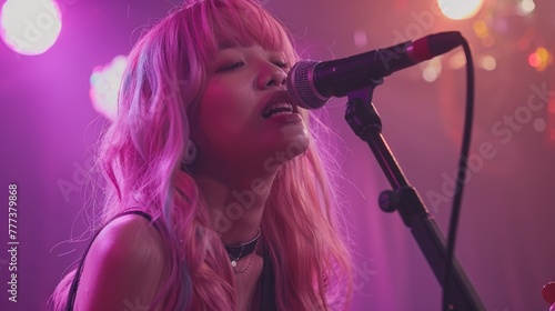 Female singer performing on stage with pink hair and microphone. Live concert event with vibrant lighting. Music and entertainment theme
