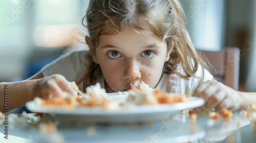 Young girl with messy face staring over a plate of food leftovers photo