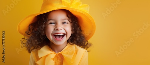 happy childhood. cheerful little girl wears a hat. beach fashion for children. small child on a yellow background. a holiday of joy and activity. beauty. long-awaited summer holidays.banner.