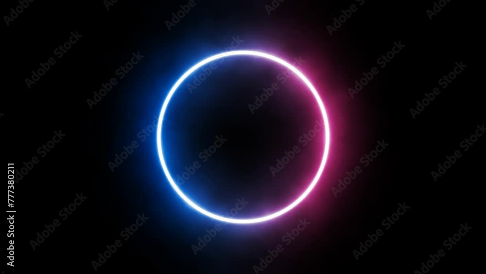 Luminous neon circle in blue and red-pink tones that rotates on its vertical axis on a black background. Looping video. Infinite repeating pattern. Horizontal screen format. 3D Rendering Luminous neon circle in blue and red-pink tones that rotates on its vertical axis on a black background. Looping video. Infinite repeating pattern. Horizontal screen format. 3D Rendering