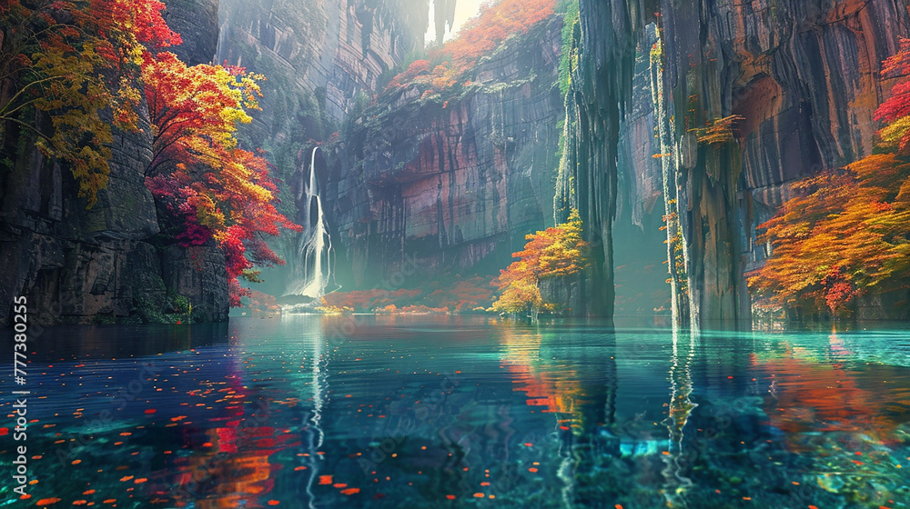 A tranquil lake nestled between towering cliffs, reflecting the vibrant colors of the surrounding foliage in its glassy surface.