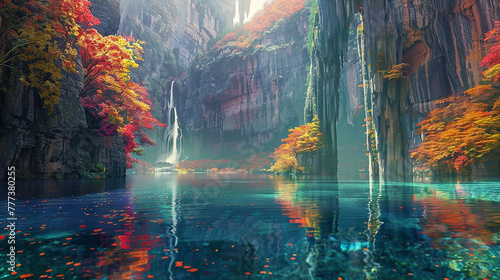 A tranquil lake nestled between towering cliffs  reflecting the vibrant colors of the surrounding foliage in its glassy surface.