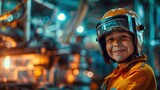 A young child in a safety suit and helmet smiles confidently in an industrial setting with machinery in the background.