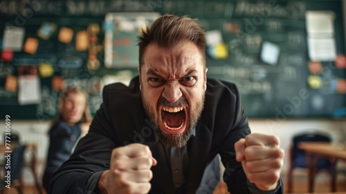 Angry teacher yelling in the classroom. National Teacher Day in the USA