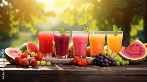 Various freshly squeezed fruits and vegetables juices  on wooden tabletop  nature blurred background. Summer.