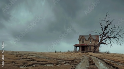 A panoramic view of a haunted, abandoned house on a drought-stricken land, with a solitary dead tree, under a foreboding, gray sky.