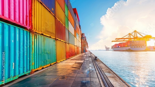 Massive container ship entering a bustling sunny port with colorful containers photo