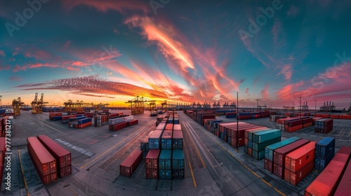 Panoramic view of container terminal at sunset with dramatic sky