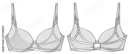 Lace Mesh Cup Bra technical illustration. Editable underwear flat fashion sketch bralette white