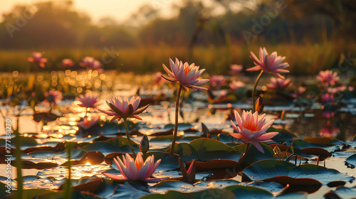 A tranquil marshland alive with the vibrant colors of blooming water lilies and the symphony of bird calls in Botswana.