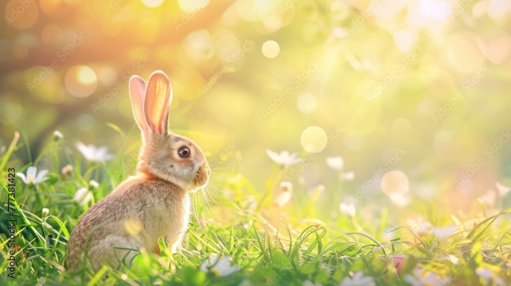 Illuminated by a soft backlight, a rabbit sits amidst a blooming spring ...