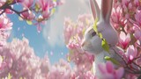 A rabbit nestled in vibrant pink spring blossoms, surrounded by a soft, dreamlike glow.