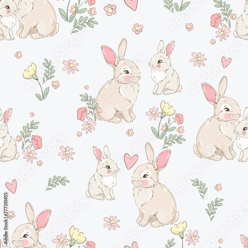 Hand drawn Cute rabbits, mother and baby, and flowers background vector seamless pattern © Alsu Art