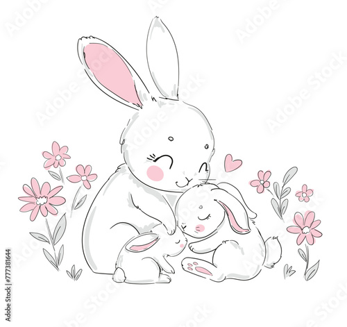 Cute rabbits, mother and baby hand drawn vector illustration, Mother day card bunnys