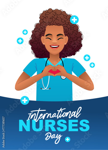 Black African nurse stands with her palms folded in the shape of a heart. International Nurses Day. Beautiful female nurse