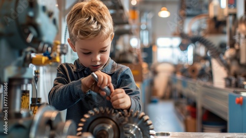 Young child focusing intently on turning a gear in a workshop setting, surrounded by various mechanical tools and equipment.