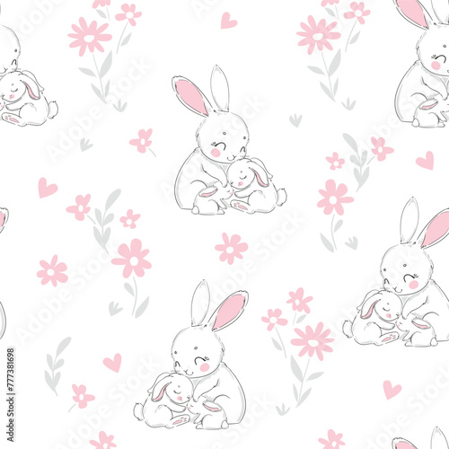 Hand drawn Cute rabbits, mother and baby, and flowers background vector seamless pattern © Alsu Art
