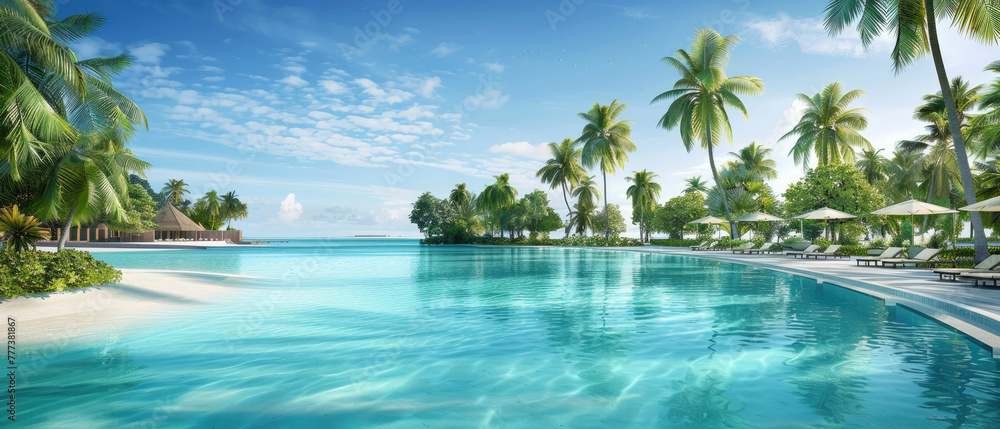 A panoramic view of the turquoise lagoon pool at An Rendering paradise in Maldives, overlooking palm trees and white sandy beaches