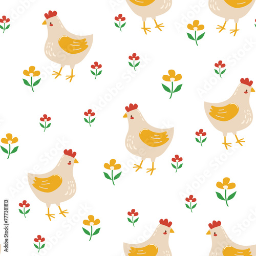 Hand Drawn ?ute chicken cartoon character seamless pattern vector illustration