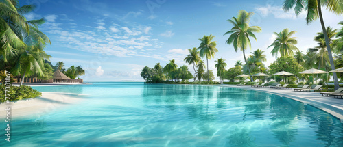 A panoramic view of the turquoise lagoon pool at An Rendering paradise in Maldives  overlooking palm trees and white sandy beaches
