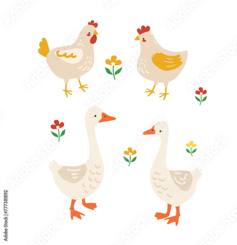 Hand Drawn ?ute chickens and goose cartoon character simple hand drawn vector illustration