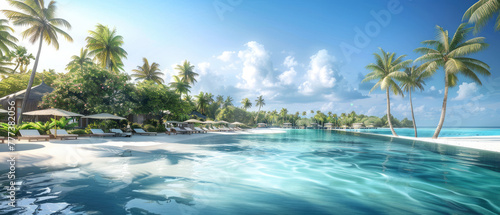 A panoramic view of the turquoise lagoon pool at An Rendering paradise in Maldives, overlooking palm trees and white sandy beaches © Kien