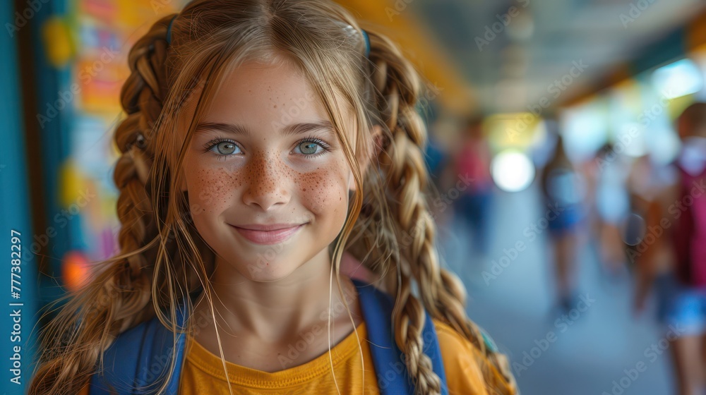 A girl with long hair and a yellow shirt is smiling. She is wearing a blue backpack. Scene is happy and cheerful A girl with long hair and a yellow shirt is smiling. She is wearing a blue backpack. Scene is happy and cheerful