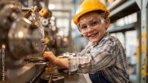 Child in a hard hat and safety goggles happily pretending to work with machinery in an industrial setting.