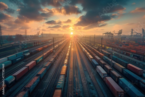Sunset over rail freight station with cargo trains and containers