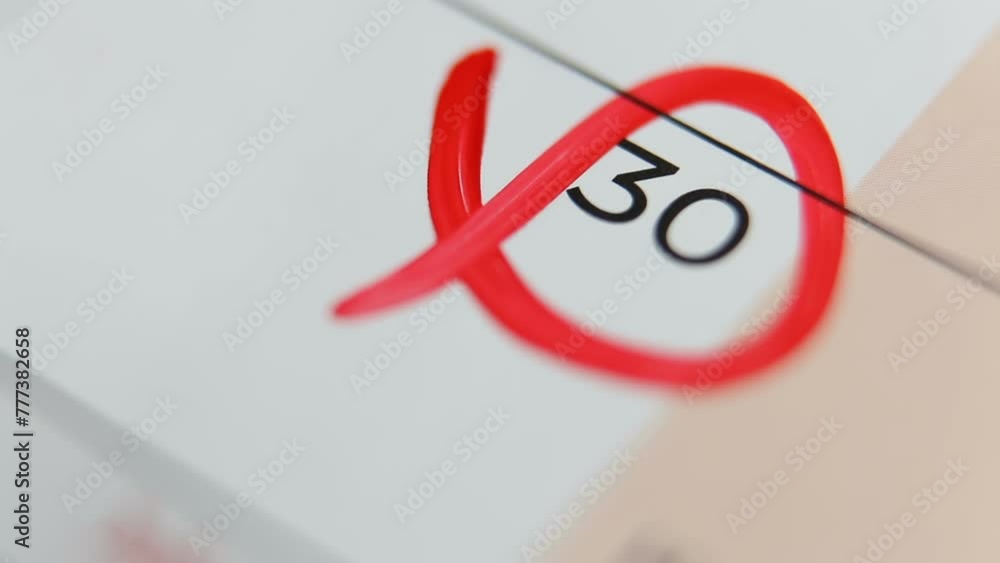 The 30th day is marked in the calendar with a red marker. Round date. Reminder. End of the month on the calendar. Macro. Free space for text. The 30th day is marked in the calendar with a red marker. Round date. Reminder. End of the month on the calendar. Macro. Free space for text.