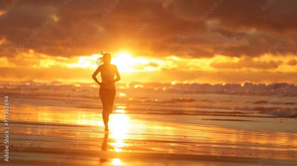 A young woman running at sunset on the beach