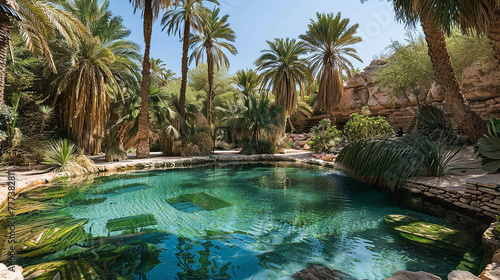 A tranquil oasis in the heart of the desert  with emerald-green palm trees encircling a crystal-clear pool of water.
