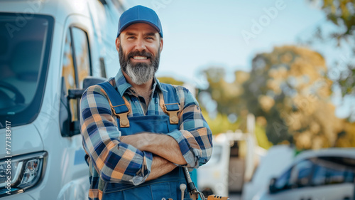 Happy Technician Service In Overall Near Van Or Truck