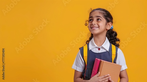 funny indian child holding books and reading aloud smiling cheerful girl isolated on yellow background for school education concept 