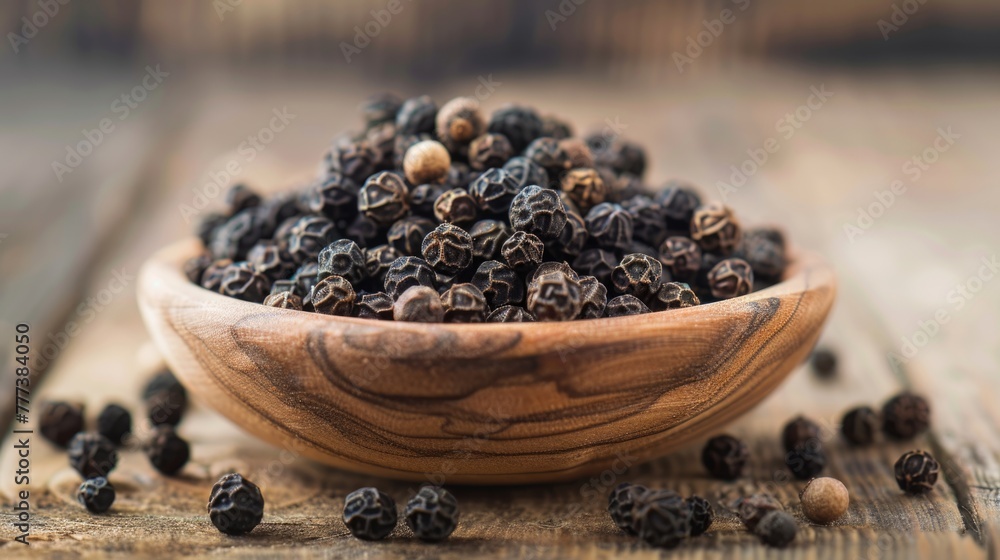 Dry whole black peppercorns in rustic bowl. Close-up food photography. Dry whole black peppercorns in rustic bowl. Close-up food photography.