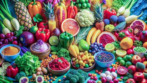 healthy food colorful variety of fruits and vegetables beautifully placed