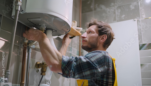 Male plumber adjusting boiler in bathroom