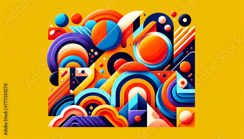 A bold and vibrant geometric composition that features a mix of abstract shapes  including circles  triangles  rectangles  and curves
