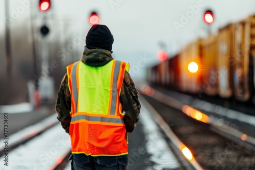 Railroad conductor in safety vest overseeing train departure photo