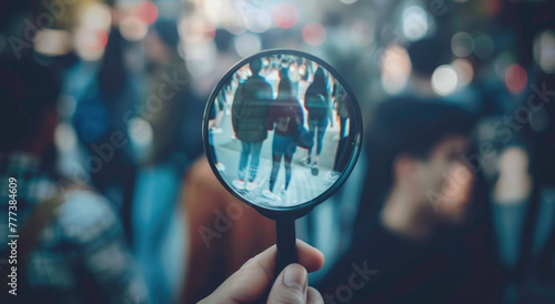 A person holding magnifying glass focusing on one human icon among many, symbolizing employee selection and suggesting special attention to diverse potential employees.