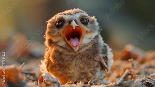 Cute baby owl chick sit in a nest or on branch waiting for food. surrounded by Spanish moss leaves in a forest. Mother looks out at pretty to feed the cute juvenile bird that has fluffy white feathers photo