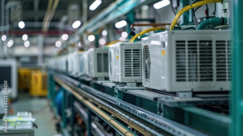 Industrial electric motors lined up on assembly line in manufacturing plant, showcasing industrial equipment and production.