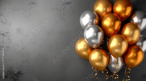 Gold balloons bunch on a gray wall background